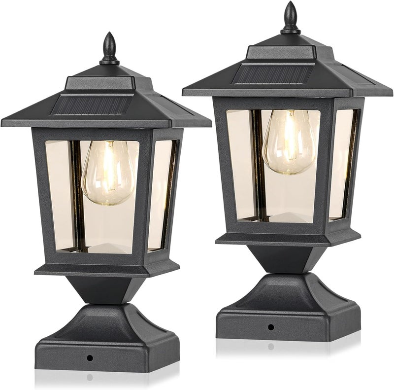 Derynome Solar Post Cap Lights,Waterproof Outdoor Light for 4x4 Wooden Posts, Solar Lights with Glass Shade for Deck Fence Patio Post Decor,Matte Black (2 Pack) - Image 1